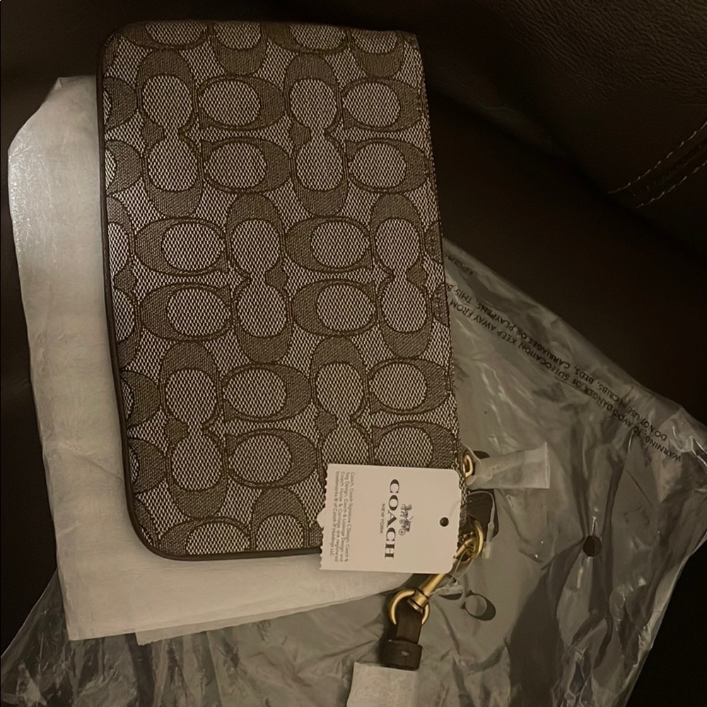 Coach Signature Brown Wristlet with Gold Accents